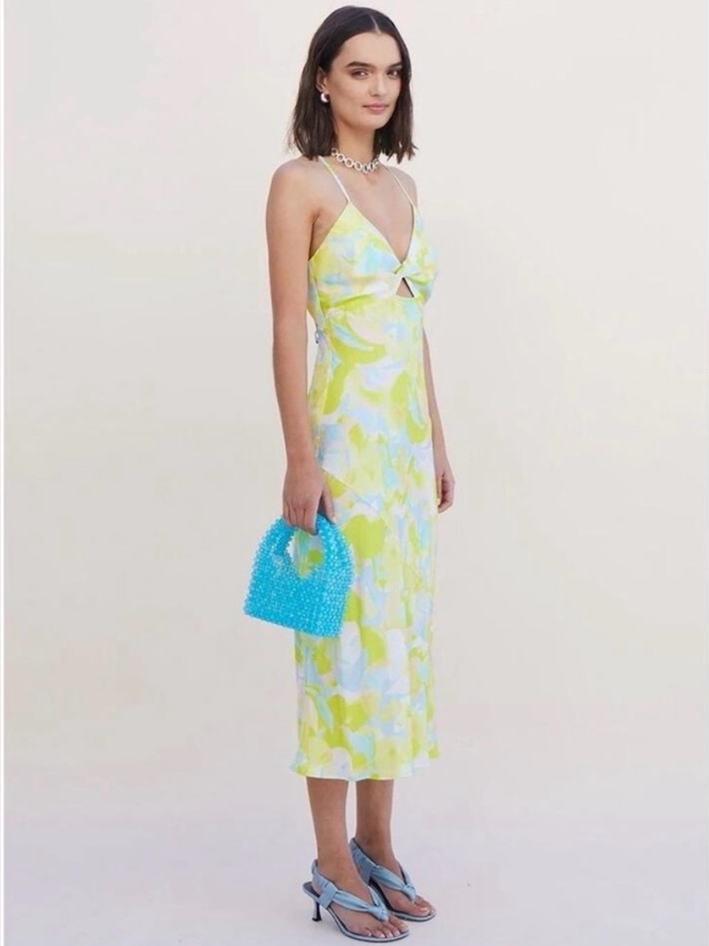 SUBOO Kaleidoscope Twist Front Midi Dress in Splash Floral Print